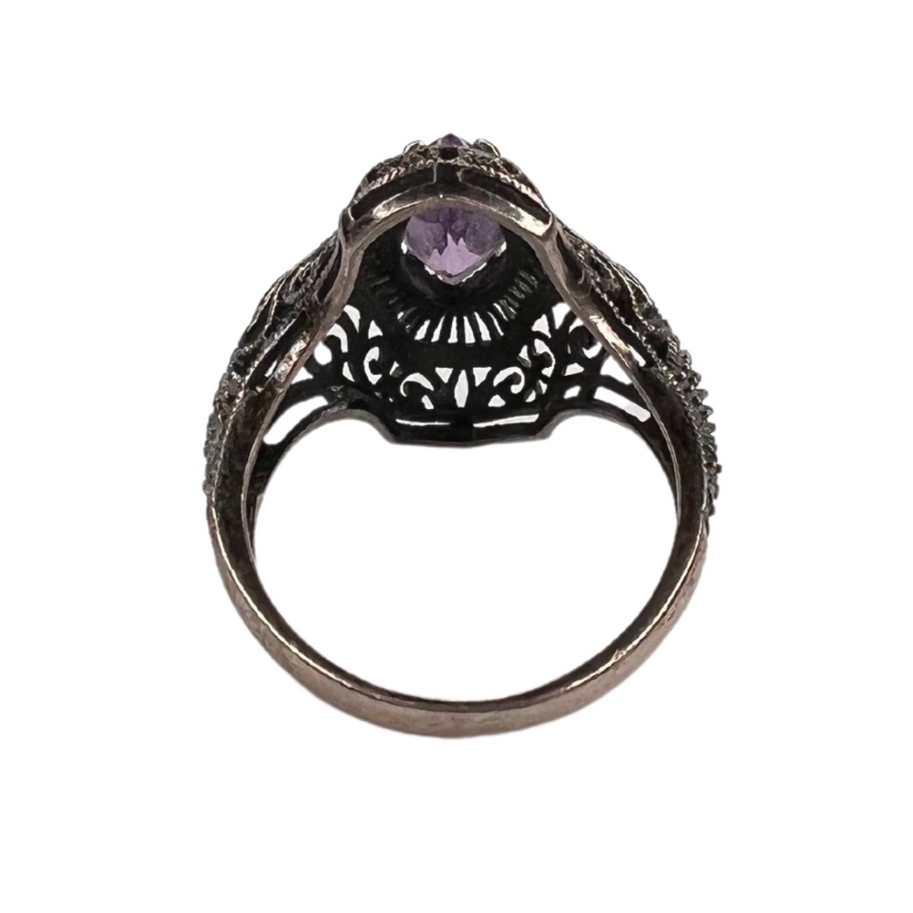 Vintage Amethyst Sterling Silver Filigree Art Deco Ring - Picture 6 of 8